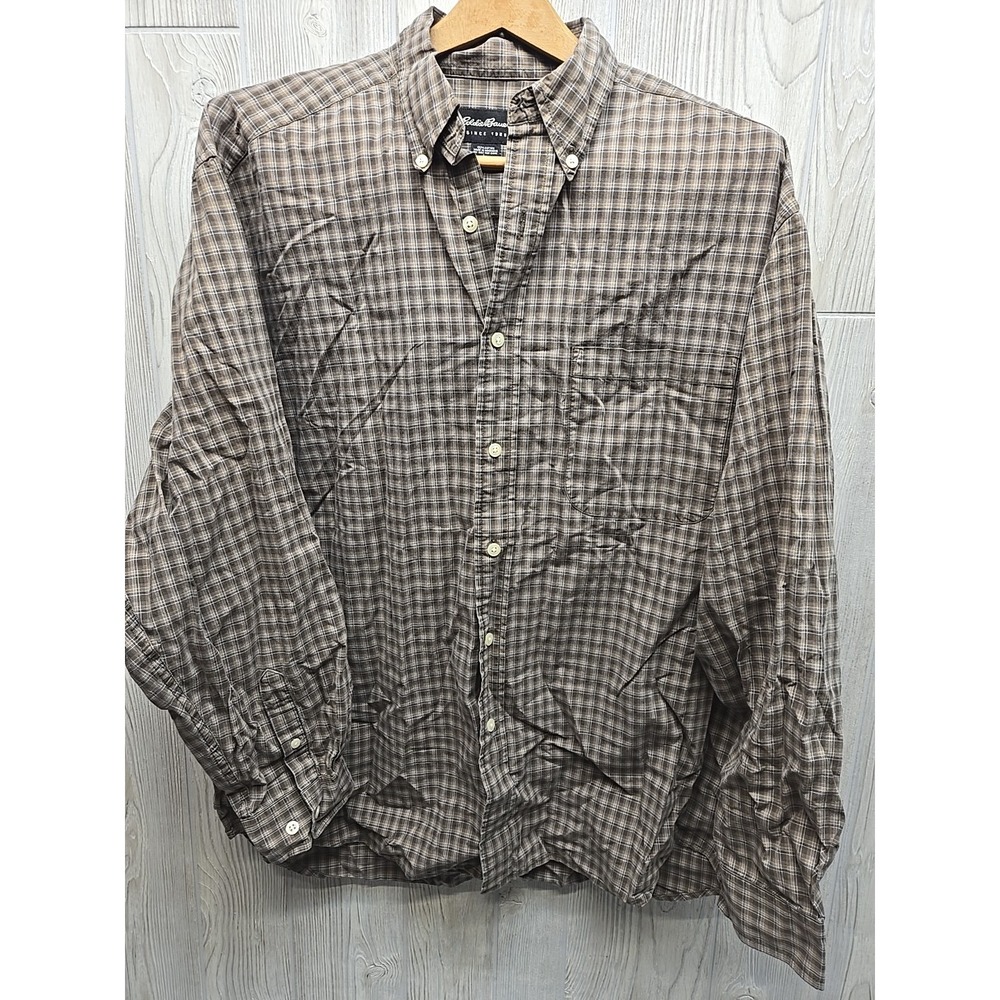 Eddie Bauer Men's L Button Shirt Long Sleeve Plaid Grey/Brown Plaid Cotton - Picture 2 of 8
